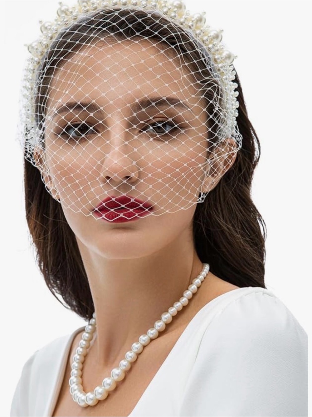 Pearl-Embellished Bridal Headband with Birdcage Veil - White